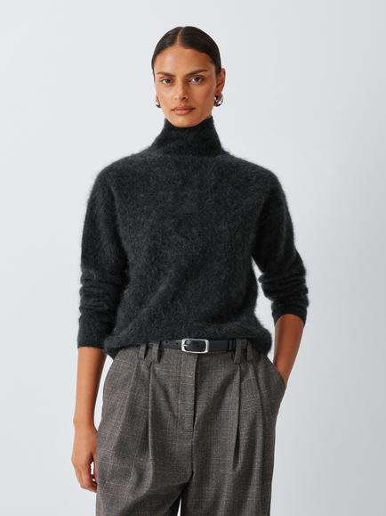 John Lewis Brushed Cashmere Funnel Neck Jumper, Charcoal, Charcoal