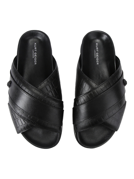 Kurt Geiger London Baron Leather Croc Effect Slider Sandals, Black - view 2, Black