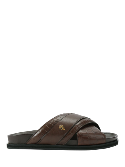 Kurt Geiger London Baron Leather Croc Effect Slider Sandals, Black, Brown