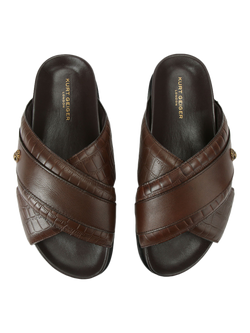 Kurt Geiger London Baron Leather Croc Effect Slider Sandals, Brown - view 2, Brown