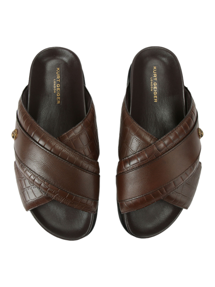 Kurt Geiger London Baron Leather Croc Effect Slider Sandals, Black - view 2, Brown
