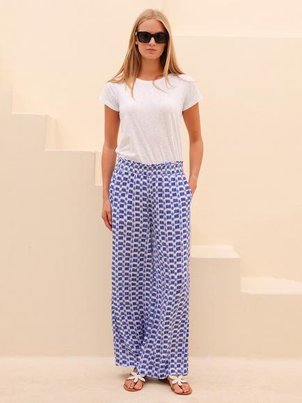 Aspiga Orion Geometric Crinkle Trousers, White/Blue, White/Blue