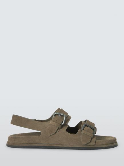 John Lewis Pendine Suede Two Buckle Footbed Sandals, Khaki, Khaki