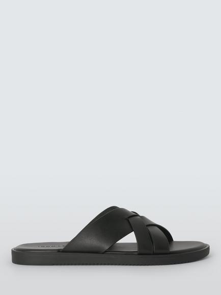 John Lewis Preston Leather Cross Strap Footbed Sandals, Black, Black