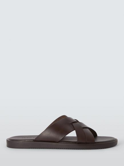 John Lewis Preston Leather Cross Strap Footbed Sandals, Dark Brown, Dark Brown