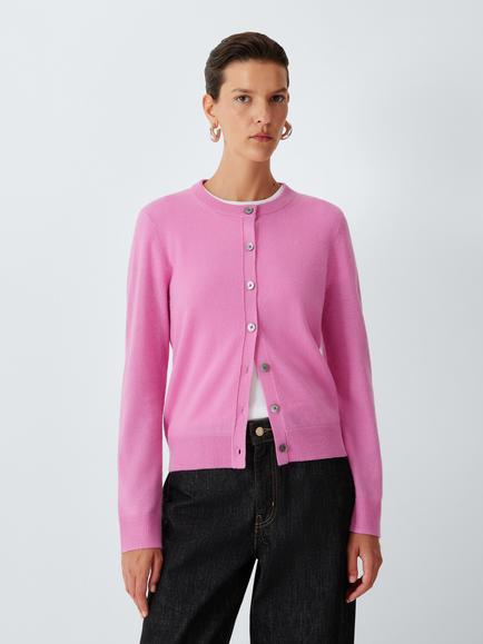 John Lewis Cashmere Crew Neck Cardigan, Mid Pink, Mid Pink