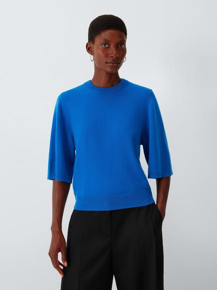 John Lewis Cashmere Half Sleeve Crew Neck Jumper, Cobalt