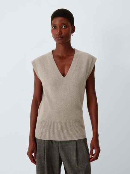 John Lewis Cashmere V-Neck Sleeveless Knit Vest, Taupe Marl