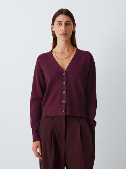 John Lewis V-Neck Viscose Knit Cardigan, Berry