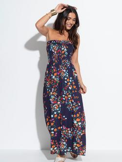 Pour Moi Strapless Shirred Bodice Maxi Beach Dress containing LENZING™ ECOVERO™ Viscose, Navy/Multi/Floral, Navy/Multi/Floral