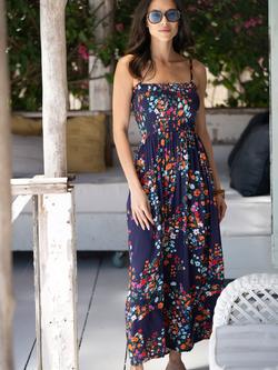 Pour Moi Strapless Shirred Bodice Maxi Beach Dress containing LENZING™ ECOVERO™ Viscose, Navy/Multi/Floral - view 2, Navy/Multi/Floral