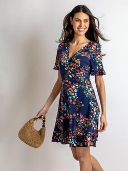 Pour Moi Birdie Stretch Viscose Jersey Wrap Front Dress, Navy/Multi, Navy/Multi