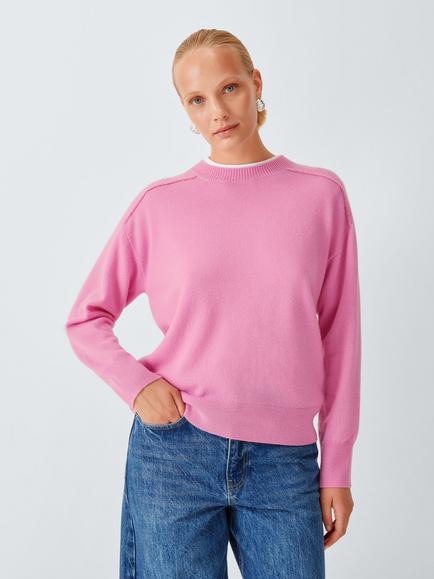 John Lewis Cashmere Seam Detail Crew Neck Jumper, Mid Pink, Mid Pink
