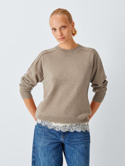 John Lewis Cashmere Seam Detail Crew Neck Jumper, Taupe Marl, Taupe Marl