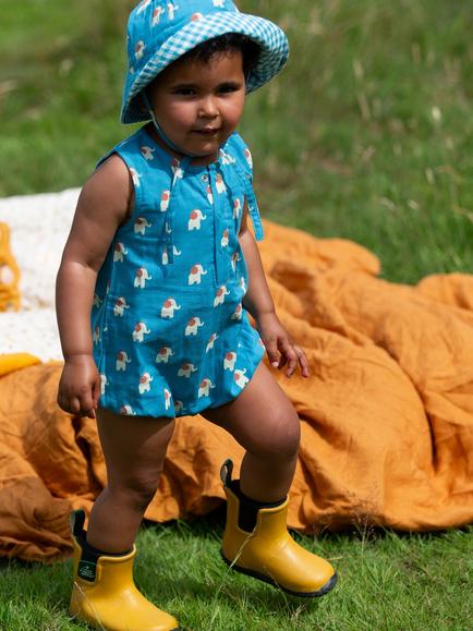 Little Green Radicals Baby Elephants Organic Cotton Bubble Bodysuit, Blue - view 2, Blue