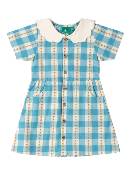 Little Green Radicals Kids' Flowers Check Organic Cotton Button Down Dress, Blue, Blue