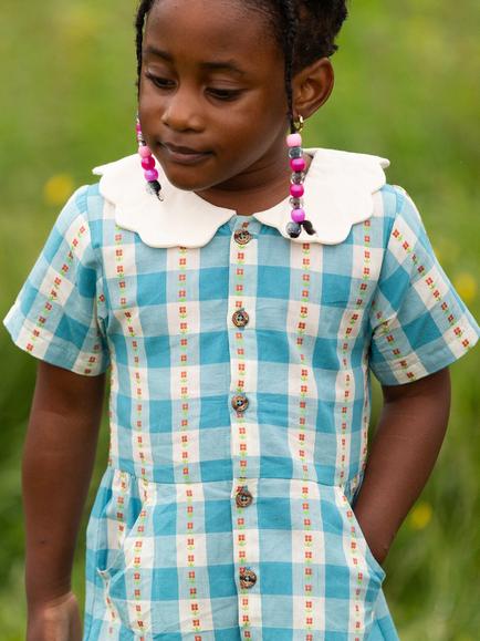 Little Green Radicals Kids' Flowers Check Organic Cotton Button Down Dress, Blue - view 2, Blue