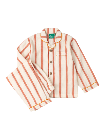 Little Green Radicals Kids' Vintage Striped Organic Cotton Classic Pyjamas, Red, Red