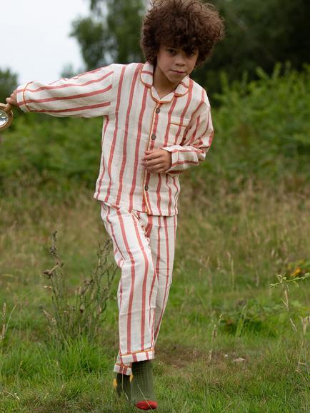 Little Green Radicals Kids' Vintage Striped Organic Cotton Classic Pyjamas, Red - view 2, Red