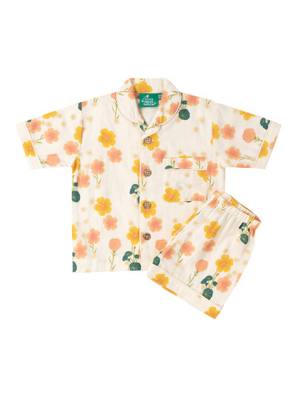Little Green Radicals Kids' Organic Cotton Floral Short Pyjama Set, Cream, Cream