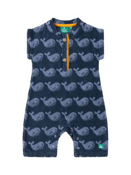 Little Green Radicals Baby Singing Whales Towelling Romper, Blue/Multi, Blue/Multi