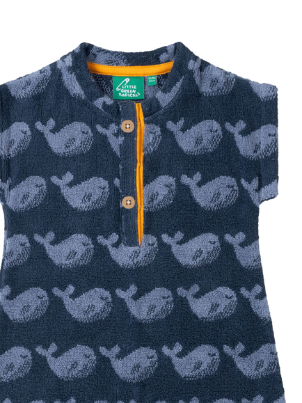 Little Green Radicals Baby Singing Whales Towelling Romper, Blue/Multi - view 2, Blue/Multi