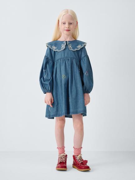 John Lewis Kids' Embroidered Peter Pan Collared Dress, Multi - view 2, Multi