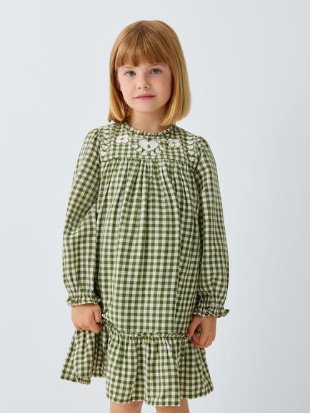 John Lewis Kids' Heart Embroidered Gingham Dress, Green/White, Green, White