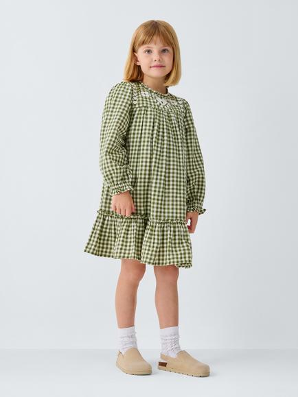 John Lewis Kids' Heart Embroidered Gingham Dress, Green/White - view 2, Green, White