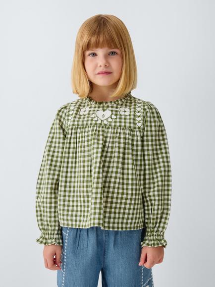 John Lewis Kids' Heart Embroidered Gingham Blouse, Green/White, Green, White