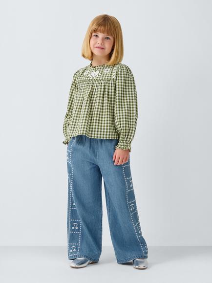 John Lewis Kids' Heart Embroidered Gingham Blouse, Green/White - view 2, Green, White