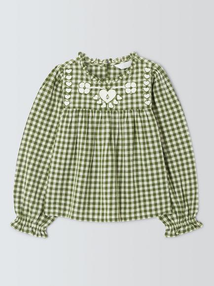 John Lewis Kids' Heart Embroidered Gingham Blouse, Green/White, Green, White