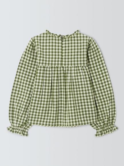 John Lewis Kids' Heart Embroidered Gingham Blouse, Green/White - view 2, Green, White