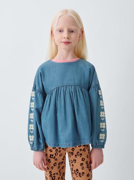 John Lewis Kids' Cotton Floral Emblem Long Sleeve Top, Blue, Blue