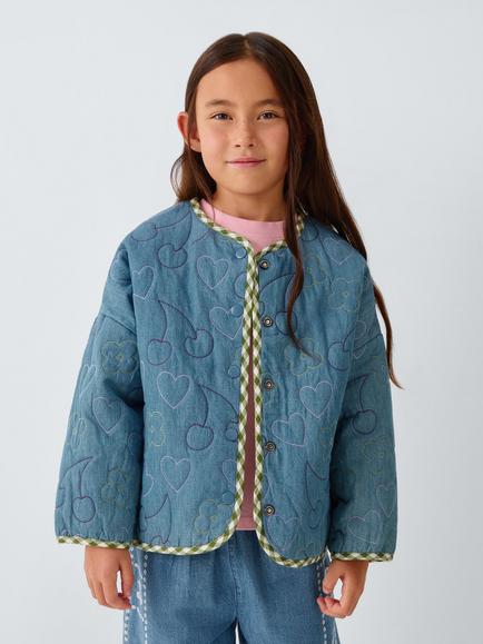 John Lewis Kids' Gingham Lined Embroidered Jacket, Blue, Blue