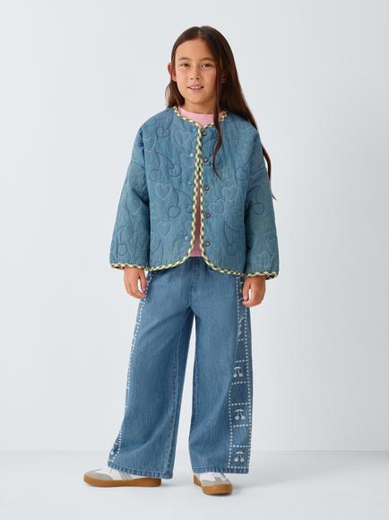 John Lewis Kids' Gingham Lined Embroidered Jacket, Blue - view 2, Blue