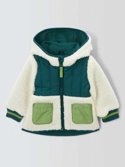 John Lewis Baby Borg Panel Jacket, Cream / Green, Cream / Green