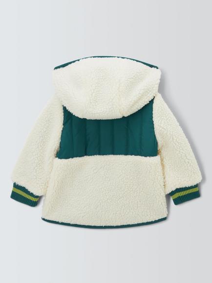 John Lewis Baby Borg Panel Jacket, Cream / Green - view 2, Cream / Green