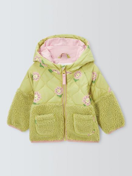 John Lewis Baby Flower Hybrid Borg Jacket, Green Floral, Green Floral