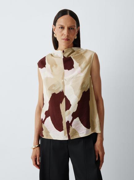 John Lewis Cowl Neck Sleeveless Abstract Print Top, Print, Brown/Multi