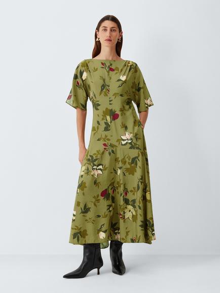 John Lewis Floral Print Short Sleeve Midi Dress, Print, Print