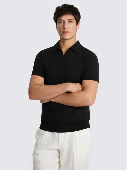Moss Linen Blend Skipper Polo Shirt, Black