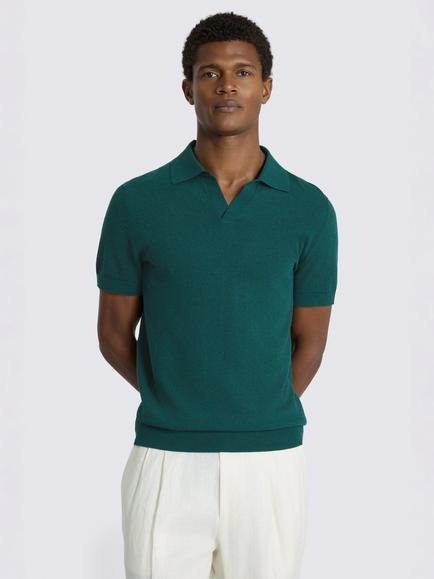 Moss Linen Blend Skipper Polo Shirt, Emerald