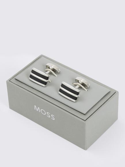 Moss Onyx Stripe Rectangular Cufflinks, Silver/Black - view 2, Silver/Black