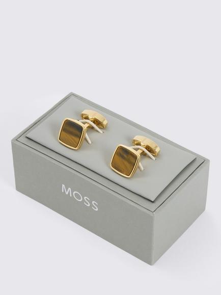 Moss Tiger Eye Square Cufflinks, Gold - view 2, Gold
