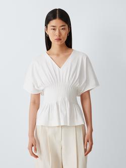 John Lewis Short Sleeve V-Neck Pleated Cotton Top, White, White