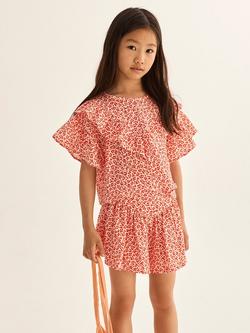 Cozmo Kids' Dunak Cotton Animal Print Ruffle Blouse, Tomato, Tomato