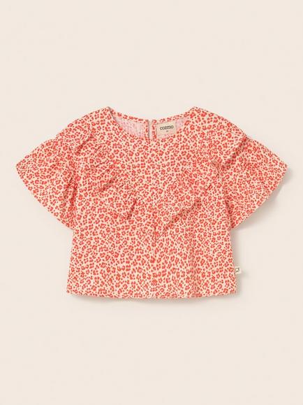 Cozmo Kids' Dunak Cotton Animal Print Ruffle Blouse, Tomato - view 2, Tomato