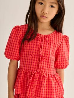 Cozmo Kids' Joyk Cotton Check Short Sleeve Blouse, Tomato, Tomato