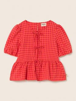 Cozmo Kids' Joyk Cotton Check Short Sleeve Blouse, Tomato - view 2, Tomato
